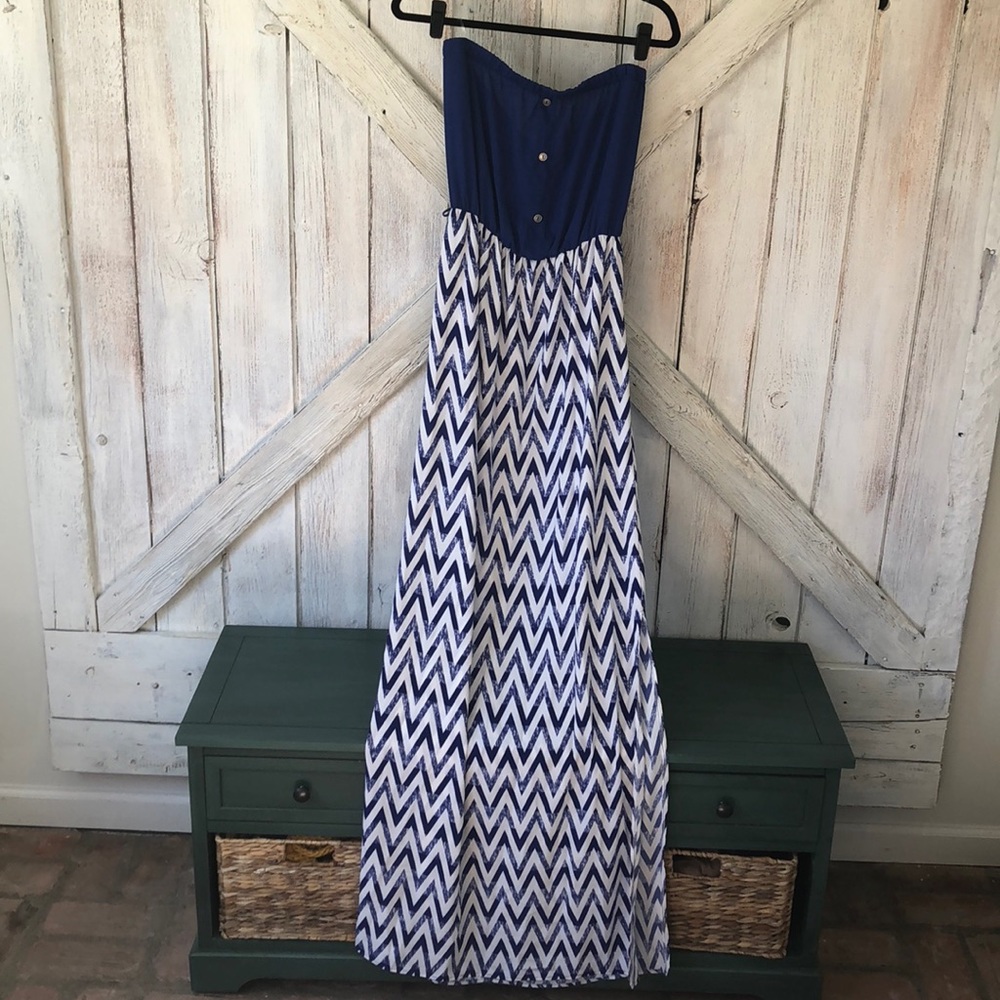Strapless blue chevron maxi dress